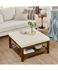 Streamdale Tufted Linen Ottoman with Wood Shelf and Frame