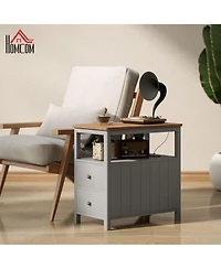 Homcom Narrow End Table with Charging Station, Usb Ports, Drawers,
