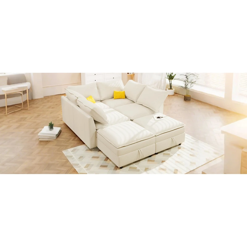 Streamdale Furniture Mirod Versatile 6-Piece Modular Sofa Bed with Storage,Stylish Faux Double-Layer Cushions,Comfortable & Durable Design,Perfect for