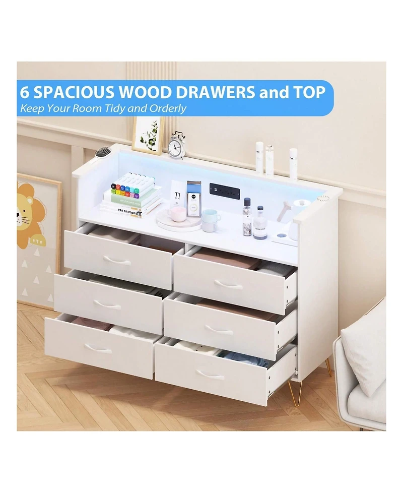 Dresser For Bedroom With Led Light & Charging Station, 6 Wooden Drawers Dressers With 2-Tier Open Shelves, Modern Chest Of Double Wide Drawers For Liv