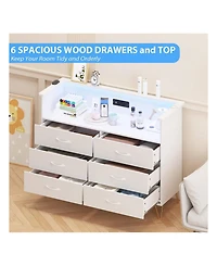 Dresser For Bedroom With Led Light & Charging Station, 6 Wooden Drawers Dressers With 2-Tier Open Shelves, Modern Chest Of Double Wide Drawers For Liv