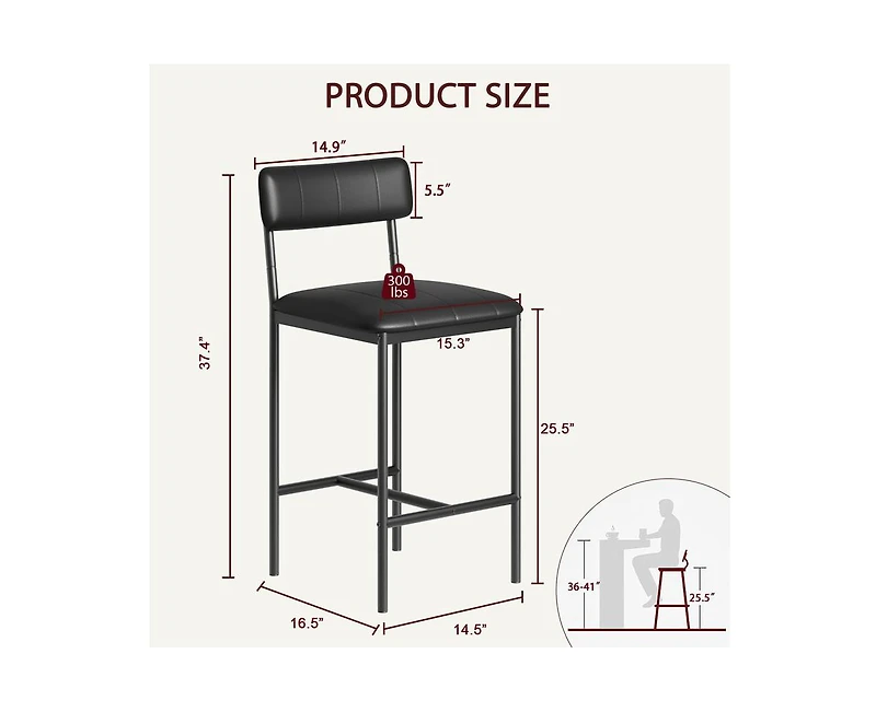 Bar Stools Set of 2, Upholstered Counter Height Barstools with Back, Kitchen Bar Stools with Footrest, Bar Chairs for Kitchen Island, Counter Bar