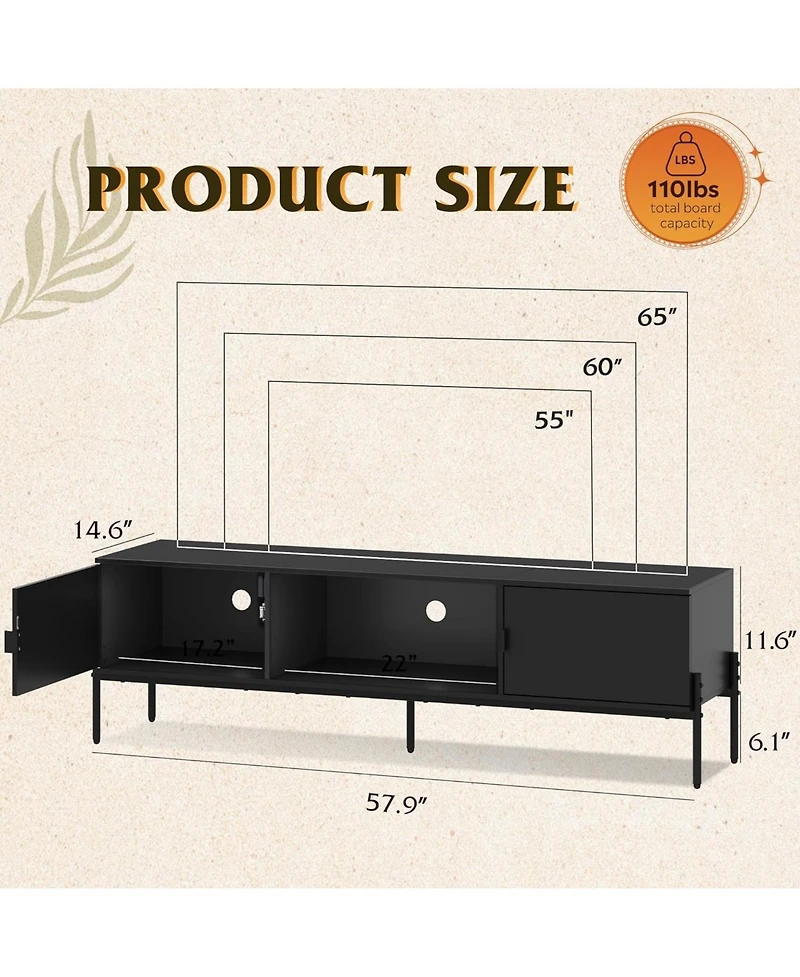 Wlive Modern Tv Stand for 65 Inch Mid Century Entainment Center with Storage Console Open Shelf and 2 Cabinets Bedroom Living Room