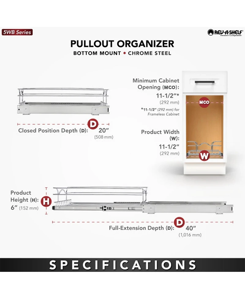 Rev-a-Shelf Kitchen Cabinet Pullout Shelf Organizer, 12 x 20 In, 5WB1-1220CR-1