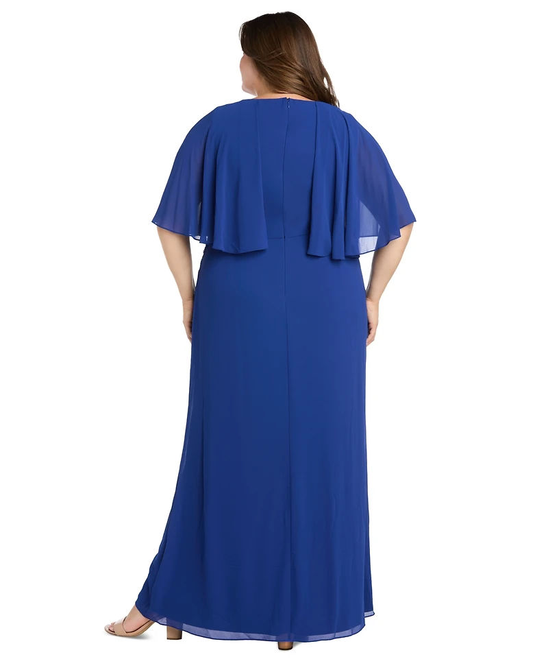 R & M Richards Plus Cape-Sleeve Embellished-Waist Gown