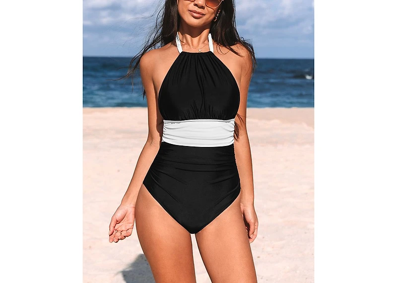 Cupshe Women's High Neck Ruched Halter Self Tie Strap One Piece Swimsuit