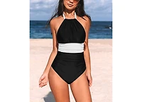 Cupshe Women's High Neck Ruched Halter Self Tie Strap One Piece Swimsuit