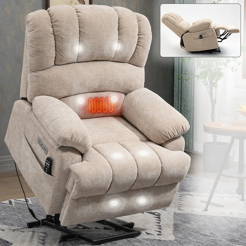 Boyel Living 23" Seat Width and High Back Large Chenille Power Lift Recliner Chair with 8-Point Vibration Massage Lumbar Heating