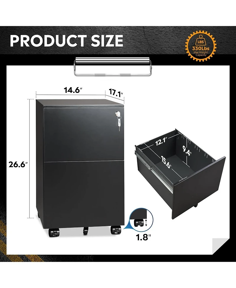 2-Drawer Mobile File Cabinet with Lock, Commercial Vertical Cabinet