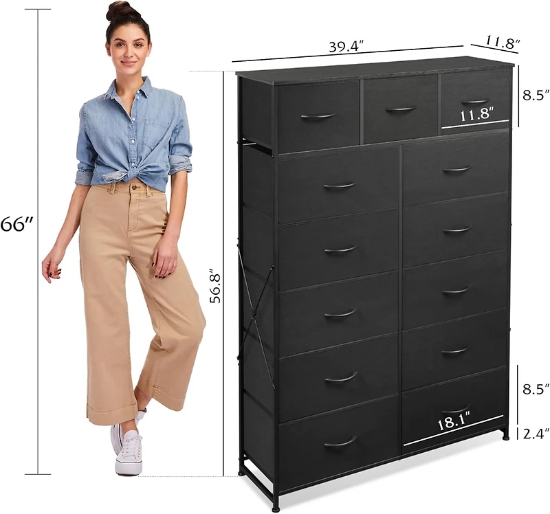 Wlive Tall Dresser for Bedroom with 13 Drawers Storage Organizer Unit Fabric Closet Chest of Steel Frame Wood Top