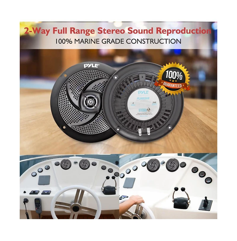 Pyle 6.5'' Low-Profile Waterproof Marine Speakers, 240W, Black (Pair)
