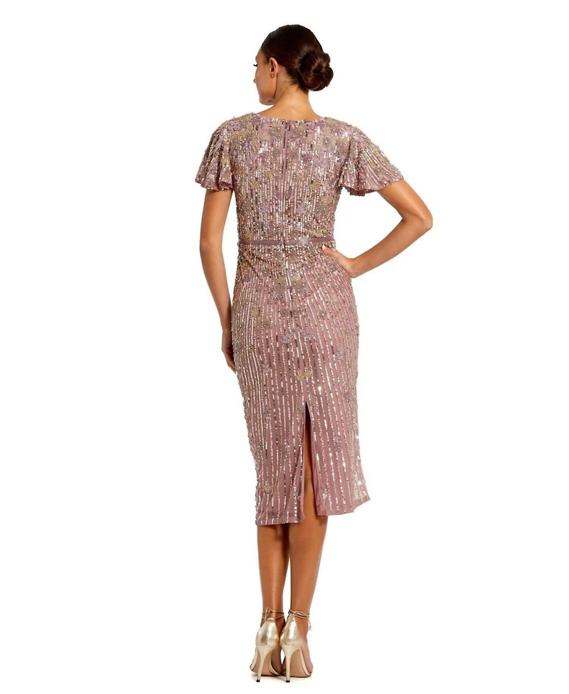 Mac Duggal Women's Embellished Faux Wrap Flutter Sleeve Dress