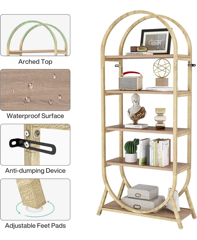 Tribesigns 5-Tier Open Bookshelf, 70.8" Tall Arched Bookcase, Modern Brown Metal Frame Storage Bookshelves