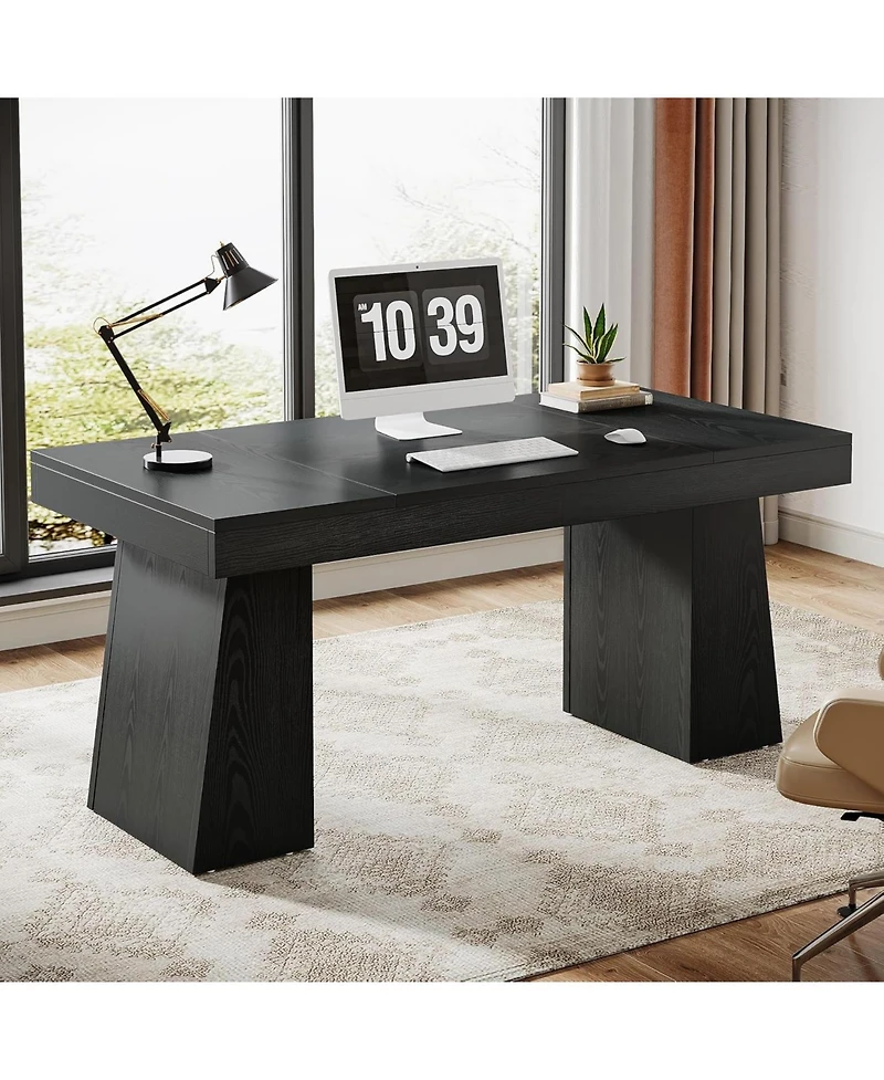 Tribesigns 55 Inches Executive Desk, Mid-Century Modern Home Office Desk with Double Trapezoid Base, Wood Computer Business Workstation