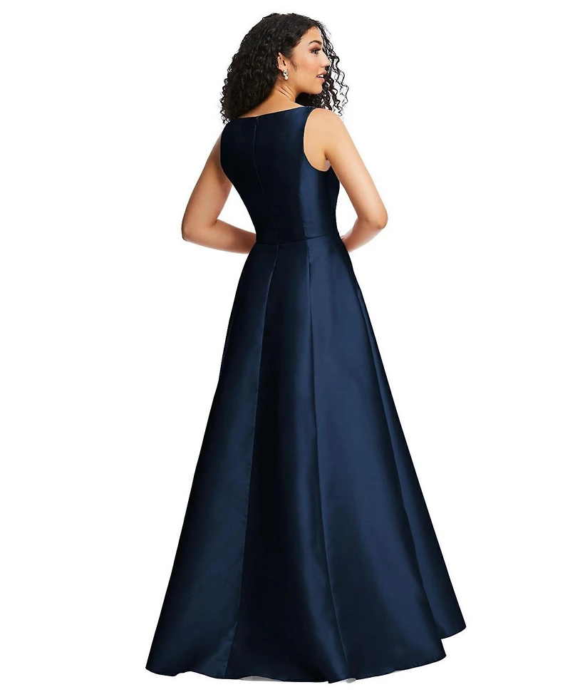 Alfred Sung Plus Size Boned Corset Closed-Back Satin Gown with Full Skirt and Pockets