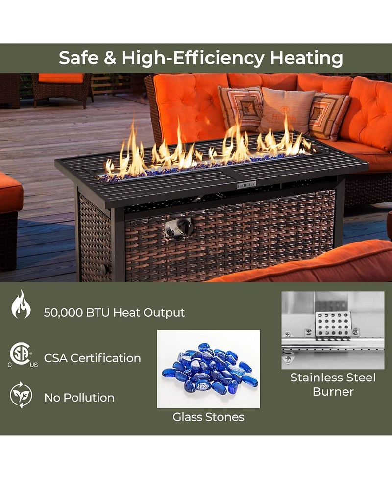45 Inch Propane Rattan Firepit Table with Glass Stones and Protective Cover-Mixed Brown