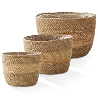 Casafield Set of 3 Seagrass Planter Baskets - Two-Tone, Hand Woven Indoor Flower Pot Covers with Liners for Plants, Succulents, Home Decor
