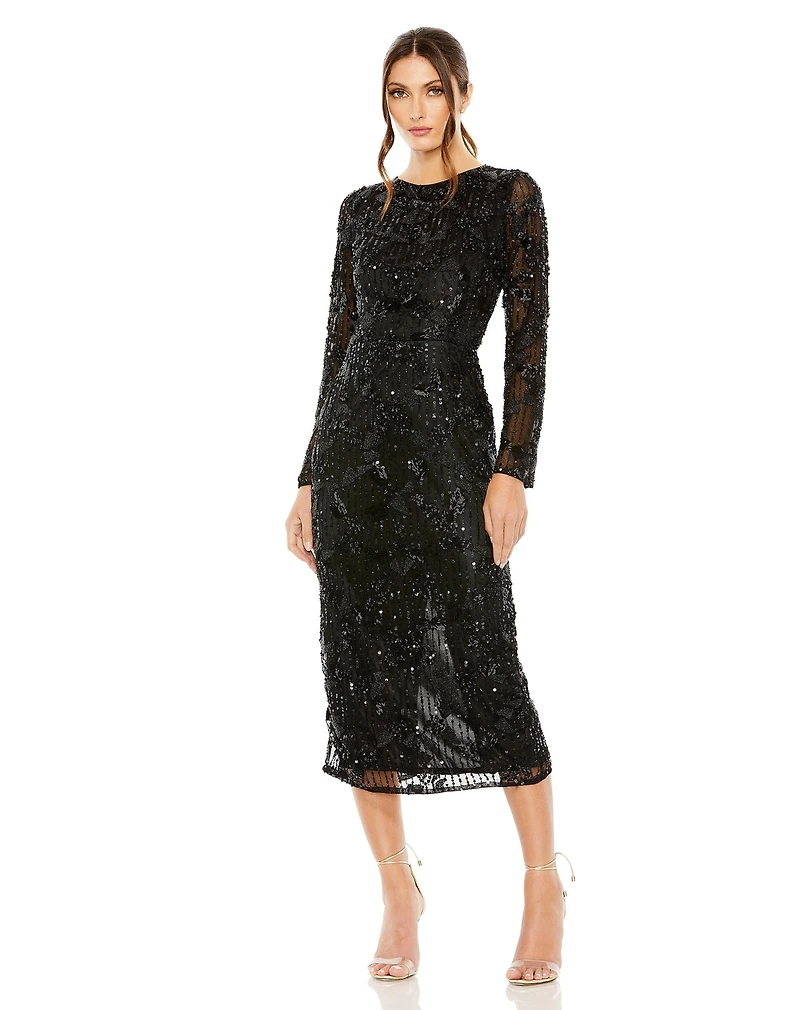 Mac Duggal Women's High Neck Long Sleeve Embellished Dress