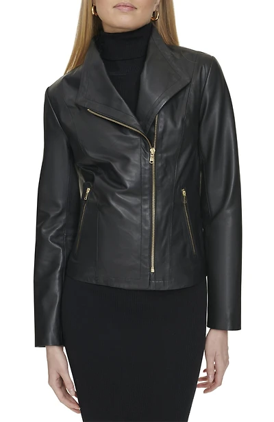 Cole Haan Women's 20 1/2” Moulded Collar Asymmetric Leather Jacket