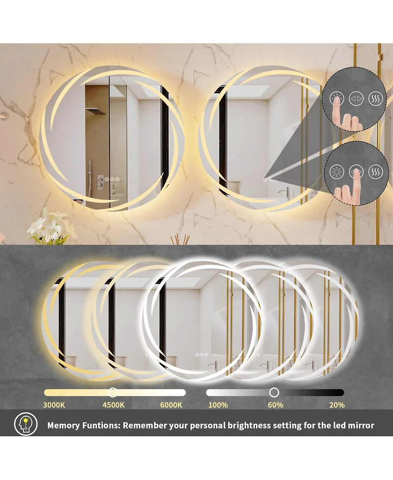 Wisfor Round Circle Lighted Bathroom Mirror Anti Fog Vanity Mirror Stepless Dimming