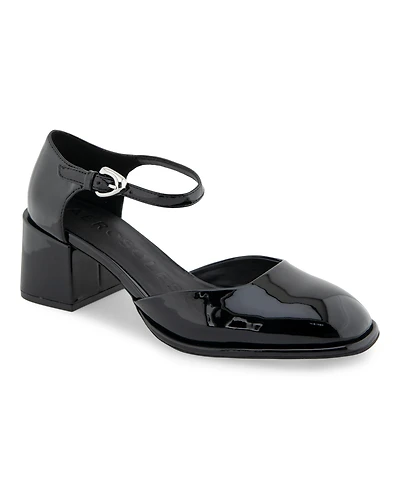 Aerosoles Women's Alma Block Heel Pumps - Black Patent Smooth Faux Leather