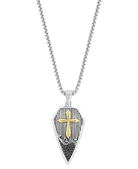 Effy Men's Black Zircon (1/8 ct. t.w.) Cross Shield 22" Pendant Necklace in Sterling Silver & 18k Yellow Gold Over Sterling Silver