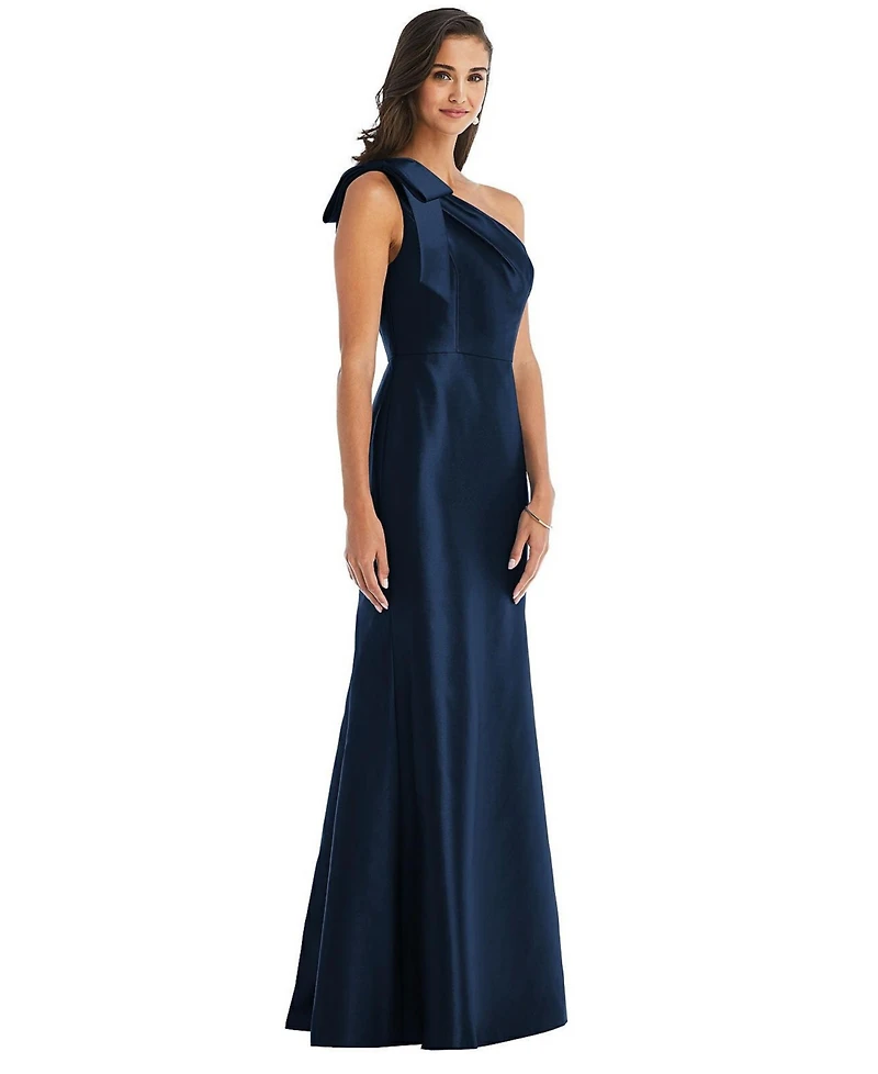 Alfred Sung Women's Bow One-Shoulder Satin Trumpet Gown