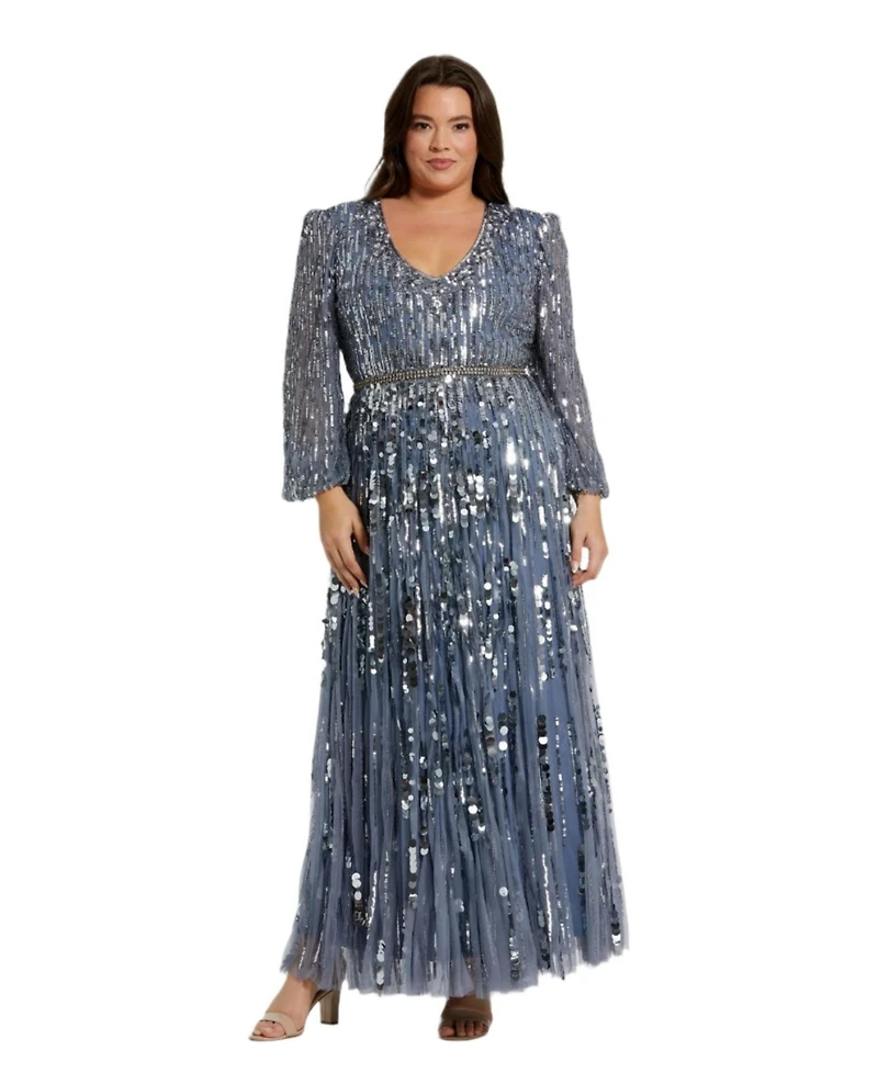 Mac Duggal Plus Long Sleeve Beaded Crystal Deep V Neckline Gown