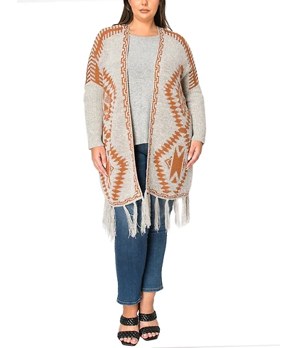 Coin 1804 Plus Tribal Cardigan Sweater with Fringe