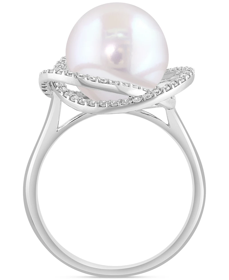 Effy Cultured Freshwater Pearl (10mm) & Diamond (1/3 ct. t.w.) Spiral Knot Statement Ring in 14k White Gold
