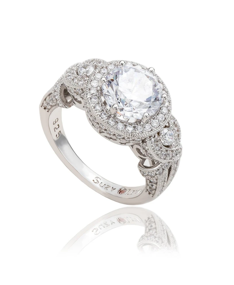 Suzy Levian Sterling Silver Round Cubic Zirconia French Filigree Ring