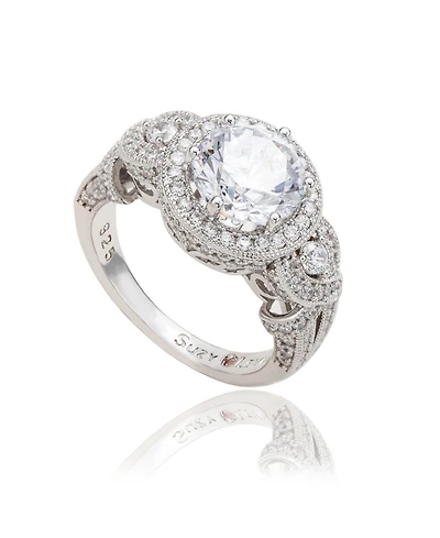 Suzy Levian Sterling Silver Round Cubic Zirconia French Filigree Ring