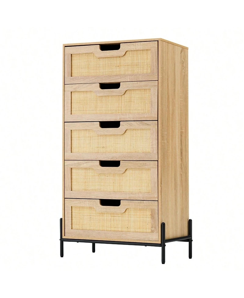 Modern Rattan 5 Drawers Dresser, Double Dresser For Bedroom, Chest Of Closet Organizers And Storage Clothes Bedroom Living Room Hallway