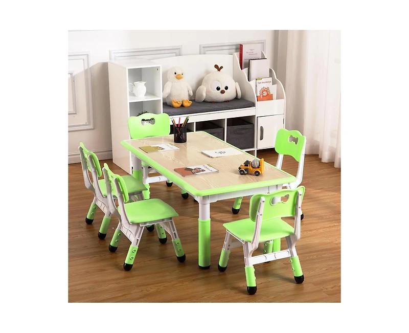 gaomon Modern Kids Table and 6 Chair Set, 47.20" Height Adjustable Toddler Table and 6 Chairs Set with Non-Slip Table Legs&Organizer Graffiti Desktop,