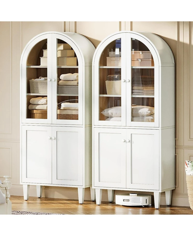 Tribesigns 68" Tall Arched Storage Cabinet Set of 2, White Farmhouse 5-Tier Display Bookcase, Kitchen Pantry Hutch Cabinet with Doors and Adjustable S