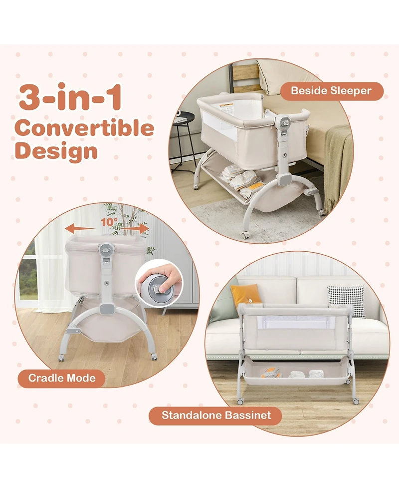 Costway 3-in-1 Portable Baby Bassinet Bedside Sleeper Cradle with Mattress& Storage Basket