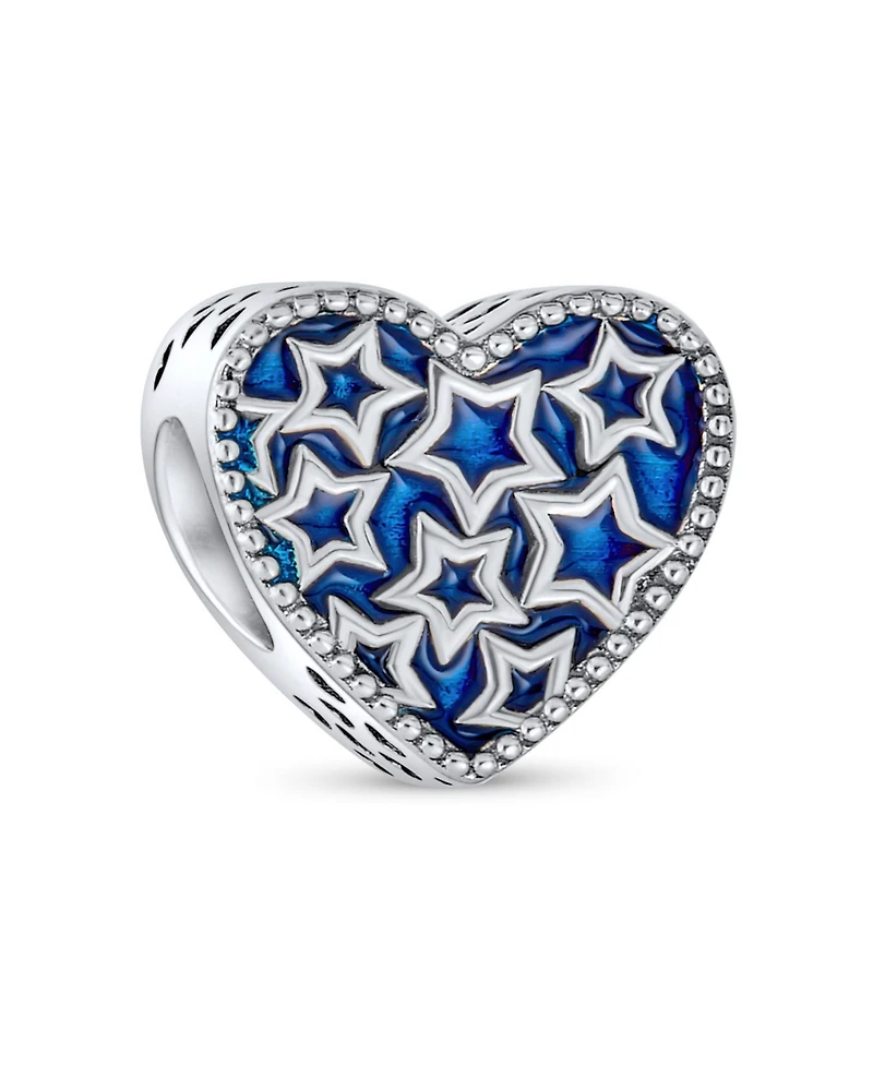 Bling Jewelry Patriotic Midnight Blue Stars Heart Charm Bead Sterling Silver Bracelet