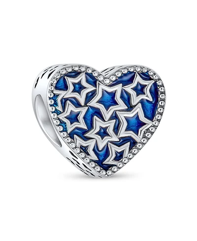 Bling Jewelry Patriotic Midnight Blue Stars Heart Charm Bead Sterling Silver Bracelet