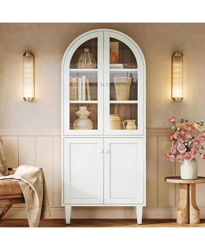 Tribesigns 68" Tall Arched Storage Cabinet, White 5-Tier Display Bookcase with Doors and Adjustable Shelves, Farmhouse Wooden Bookshelf, Kitchen Pantr