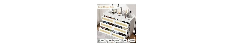 Rattan Dresser For Bedroom, 6 Drawer Dresser For Bedroom, Modern Wide Chest Of Drawers With Anti-Tip Kit