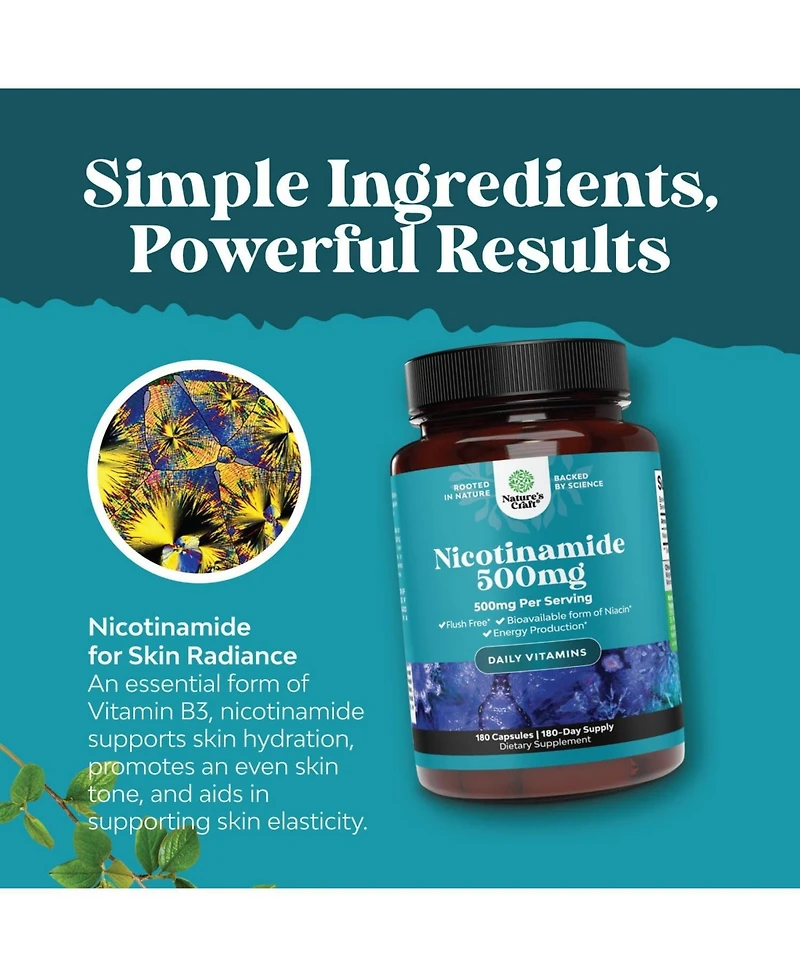Nature's Craft Nicotinamide Capsules, Mitochondrial Energy and Potent Skin Supplement, Nature's Craft, 180ct