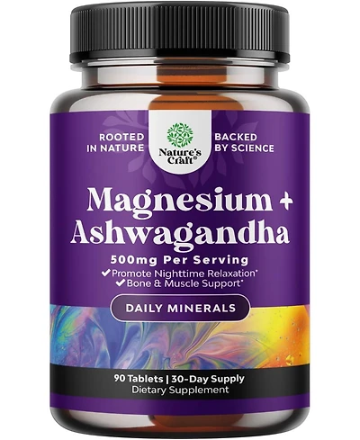 Nature's Craft Magnesium + Ashwagandha Tablets, Calming Magnesium Supplement for Mood Sleep and Relaxation, Nature's Craft, 90ct