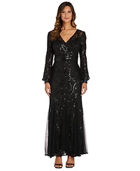 R & M Richards Sequined Blouson-Sleeve Gown
