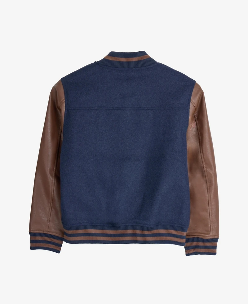 Boy's Wool Varsity Bomber Jacket With Grainy Pu Sleevees
