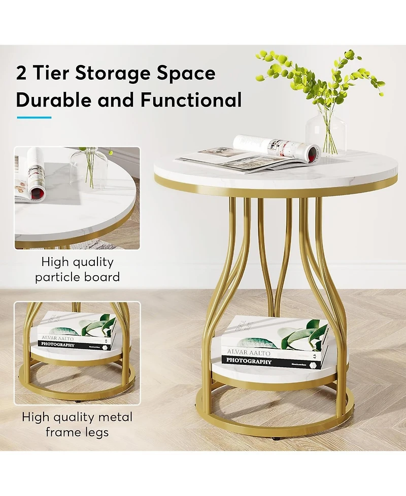 Tribesigns Round Side Table White Gold End Table 2-Tier End Table Modern Bedside Table Small Side Table with Storage for Couch Side, Sofa Side Table w