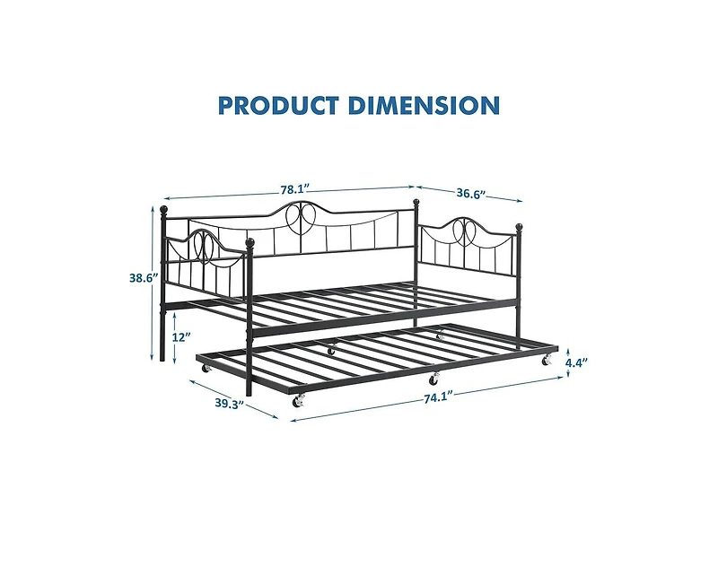 gaomon Twin Daybed with Trundle, Modern Pull Out Day Bed Frame with Vintage Headboard, Metal Daybed with Sturdy Slat Support, Easy Assemble, for Small