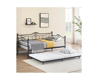 Twin Daybed with Trundle, Modern Pull Out Day Bed Frame with Vintage Headboard, Metal Daybed with Sturdy Slat Support,for Small Spaces, Kids Room, Liv