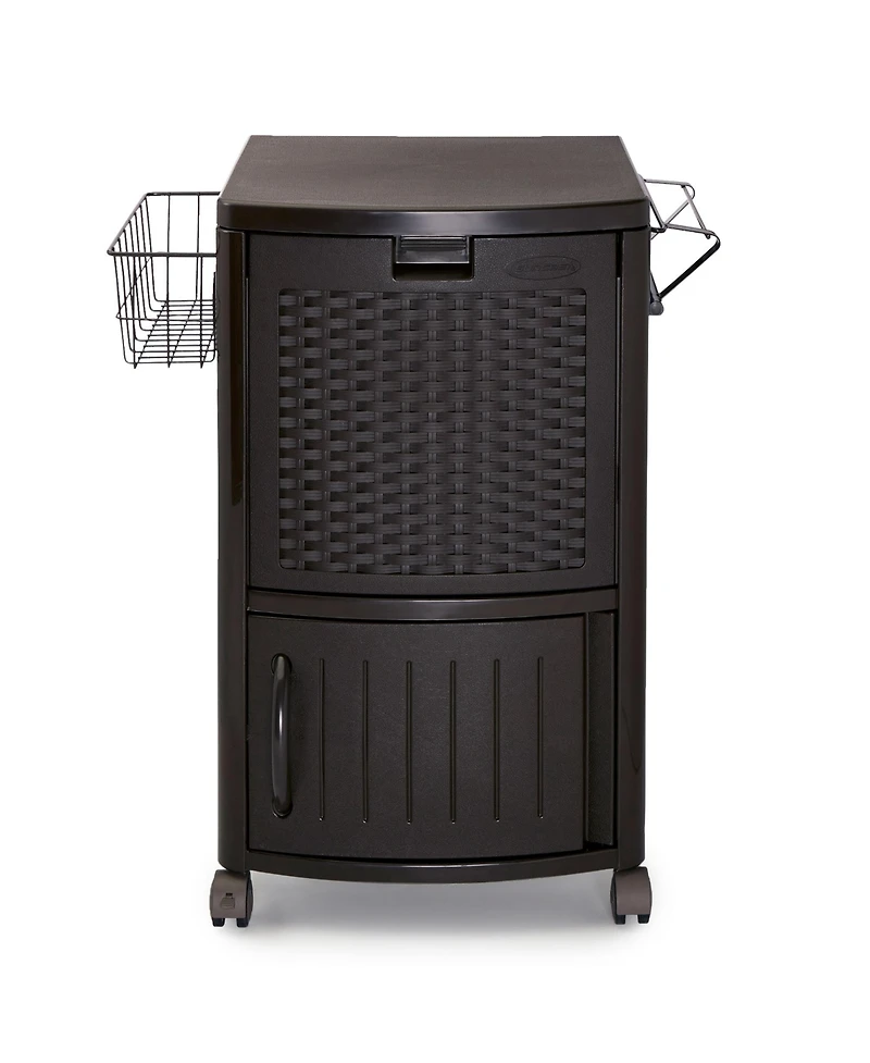 Suncast DCCW3000D 77 Quart Resin Wicker Patio Cooler with Cabinet & Wire Basket