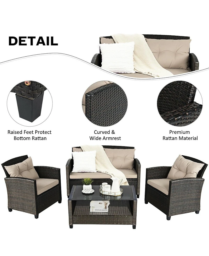 Gouun 4 Pieces Outdoor Rattan Furniture Set with Glass Table