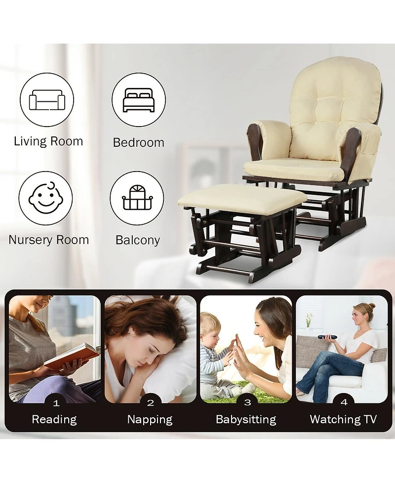 Gouun Wood Glider and Ottoman Set with Padded Armrests and Detachable Cushion